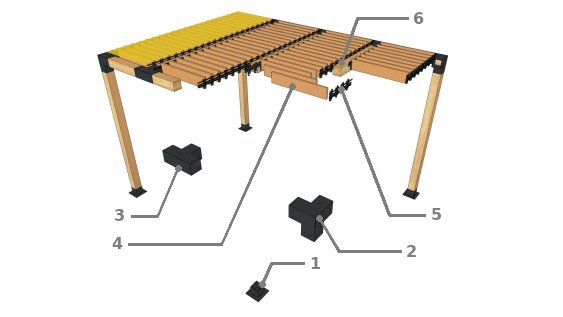 Vue eclatée du modèle avec des lames bois en 4 travées