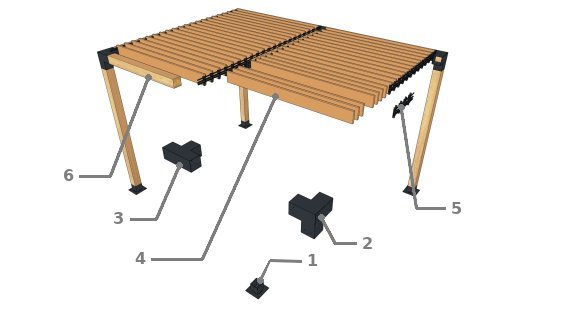 Vue eclatée du modèle avec des lames bois en 2 travées
