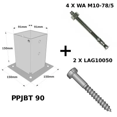 Pied de poteau carré à boulonner - Finition GALVANISEE - Réf. KIT FIX PPJBT 90