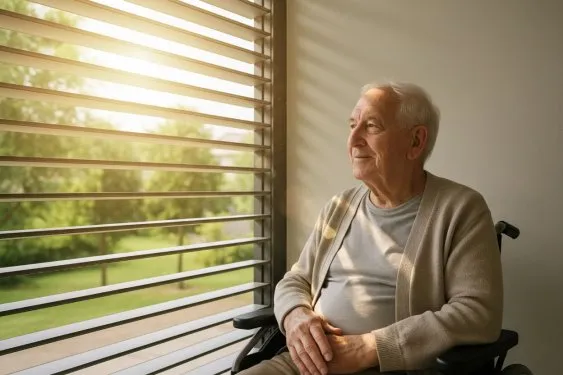 Espace de repos lumineux en maison de retraite : les brise-soleil SUNDIY filtrent l’éblouissement, améliorent le confort thermique et préservent l’intimité, tout en laissant entrer une lumière douce