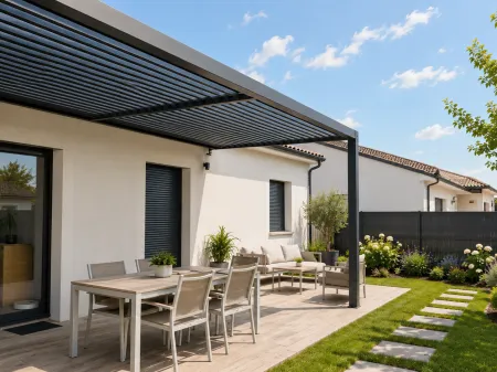Pergola acier parfaitement intégrée à la maison