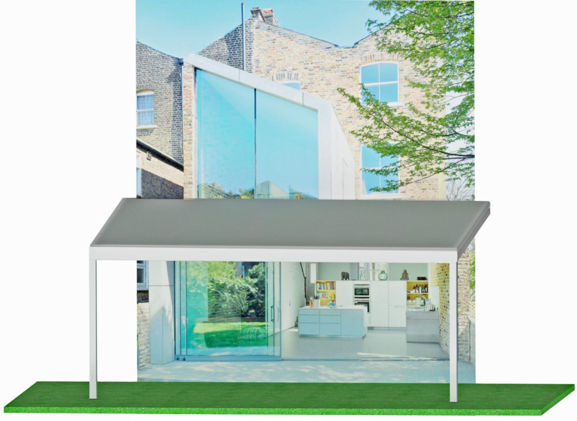 Maquette d’une maison moderne avec de grandes baies vitrées et un espace intérieur lumineux, entourée de verdure.