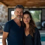 Un couple souriant, en tenue décontractée, posant devant une grande fenêtre, avec une ambiance chaleureuse et accueillante. {JPEG}