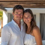 Jeune couple souriant en vacances, posant ensemble dans un cadre lumineux et estival. Ambiance joyeuse et détendue. {JPEG}