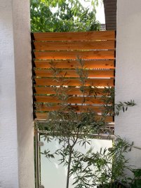 Panneau en bois éclairci avec une plante verte, créant une ambiance apaisante et naturelle dans un espace extérieur.