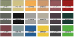 Palette de couleurs variées avec échantillons et codes associés pour utilisation en design et décoration.