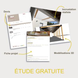 Image présentant des documents de projet incluant un devis, une fiche projet et des modélisations 3D pour une étude gratuite.