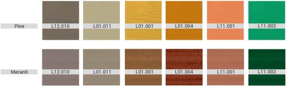 Palette de couleurs de bois&nbsp;: pin et meranti avec codes de teintes variés pour applications décoratives et architecturales.