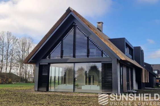 Maison moderne avec toit en pente, grandes baies vitrées et volets design, entourée de verdure sous un ciel dégagé.