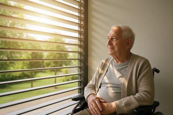 Espace de repos lumineux en maison de retraite&nbsp;: les brise-soleil SUNDIY filtrent l’éblouissement, améliorent le confort thermique et préservent l’intimité, tout en laissant entrer une lumière douce
