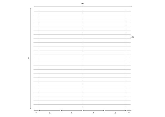 Graphique avec des axes X et Y, représentant des lignes horizontales pour l’analyse de données. Éléments de mesure&nbsp;: L, W, S.