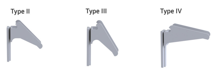 Image montrant trois types de supports en métal&nbsp;: Type II, Type III et Type IV, chacun avec un design distinct.